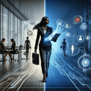Transferrable AI Skills - a woman walking between two tools