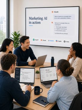Marketing team members smiling around a conference table during AI training, with a wall screen showing a Claude campaign brainstorming example and logos for ChatGPT, Claude, Gemini, Copilot, and Codex.